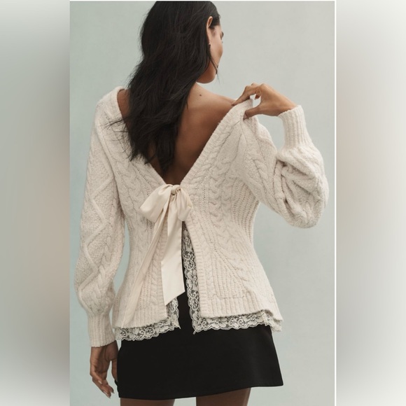 By Anthropologie Open-Back Bow-Detail Chunky-Knit Sweater NWT